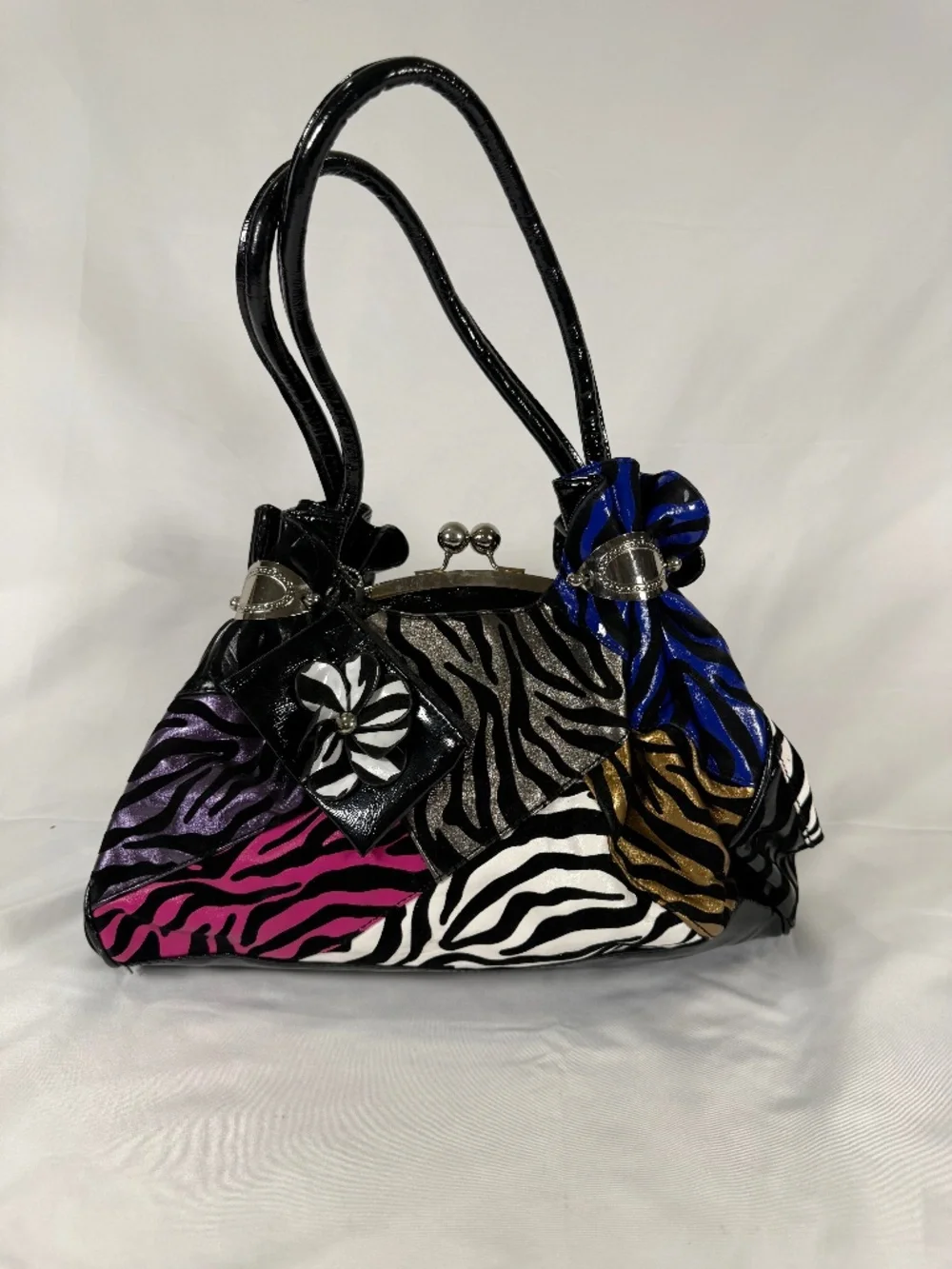 Y2K Zebra Print Kiss Lock Satchel Glam Statement Handbag
